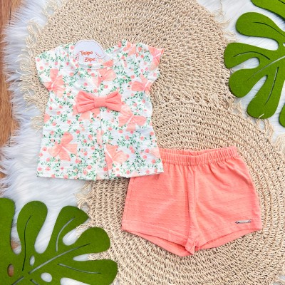 Conj. Blusa Floral com Laço e Short Ana Bola - Salmão e Off White